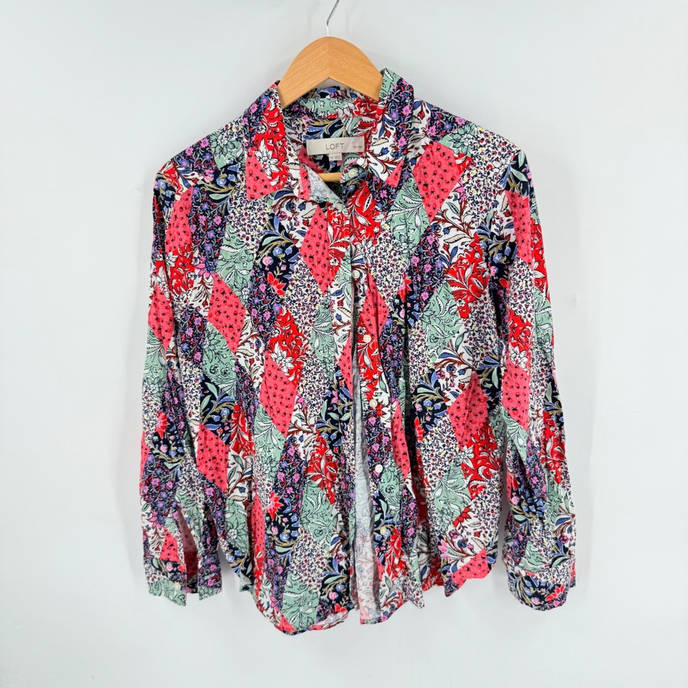 LOFT Button Down Shirt Multicolor MP Floral Patchwork Long Sleeve Cotton Rayon